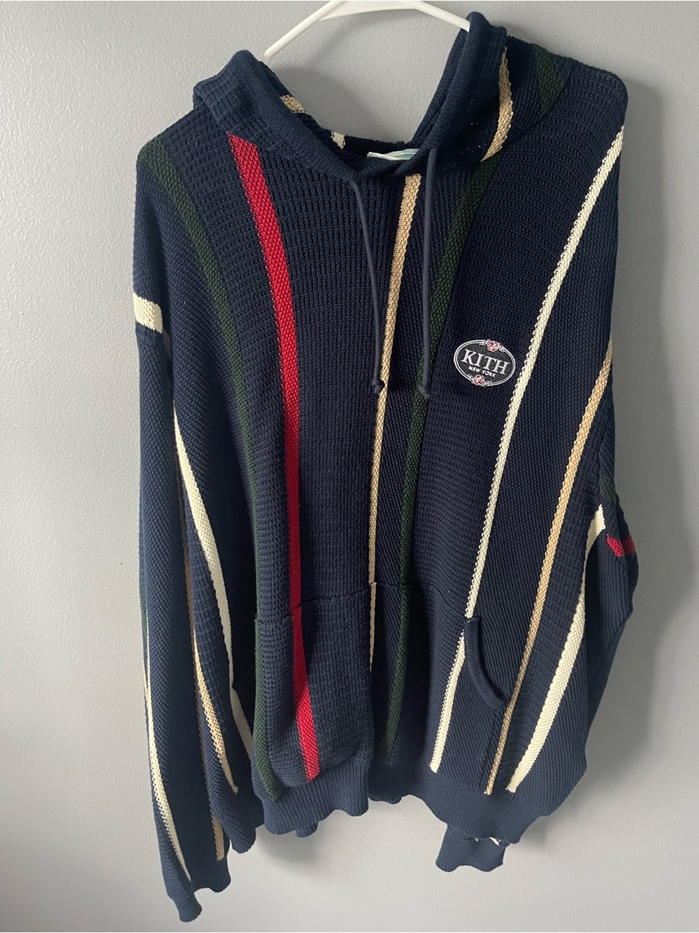 Kith Navy Hooded Zip-Up Sweater with Multicolor Stripes